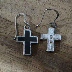 Black Onyx Inlay Minimalist Silver Cross Dangle Drop Earrings